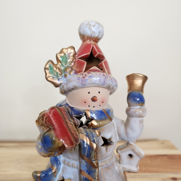 9" Glazed Ceramic Snowman Tealight Candle Holder - Picture 3 of 11